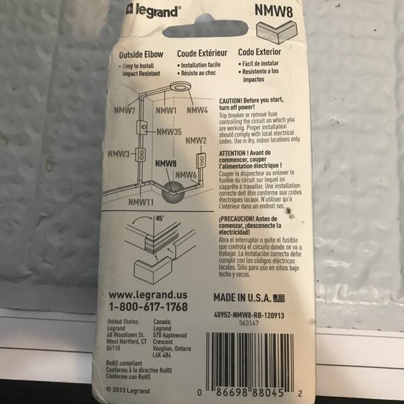 Wiremold NMW8 On-Wall White Plastic Electrical Outside Elbow 1-5/16 Dia. in. - Picture 2 of 3